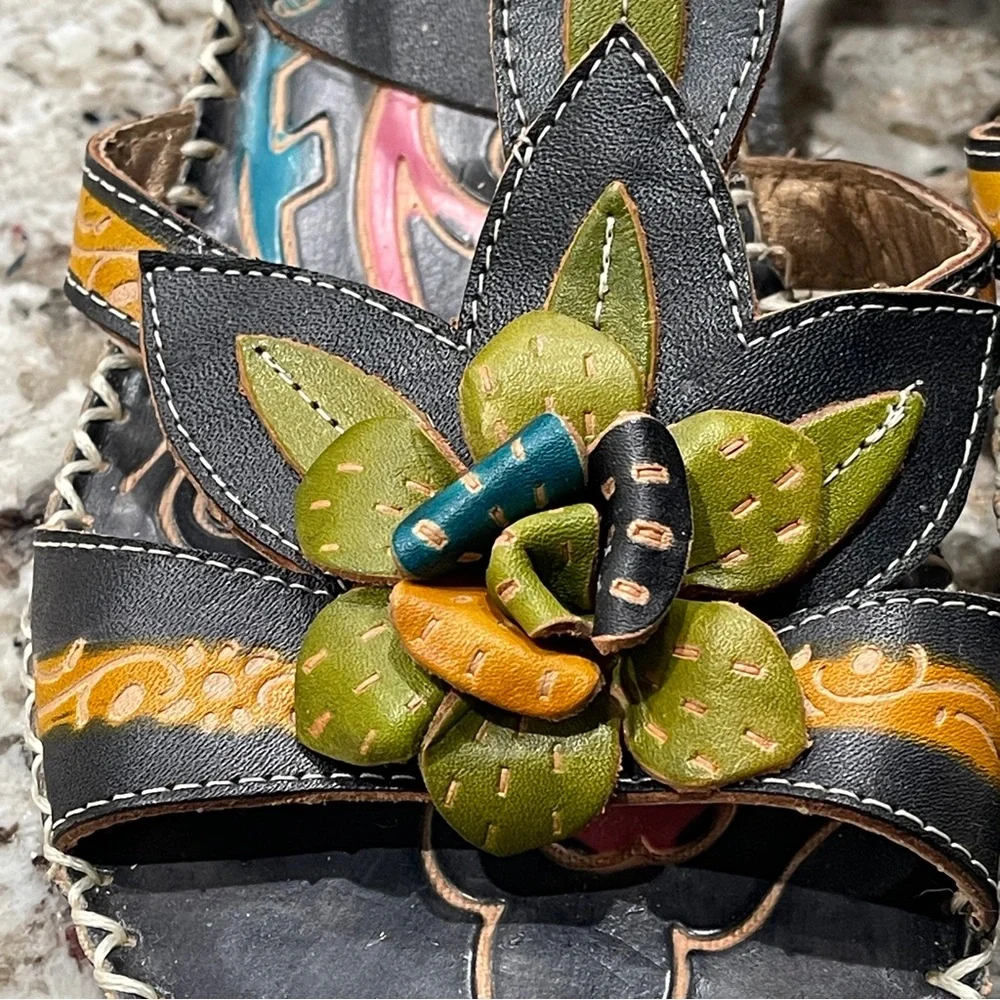 L’Artiste Spring Step Floral Leather Wedge Sandals Black | Size EU 37 US 6.5-7